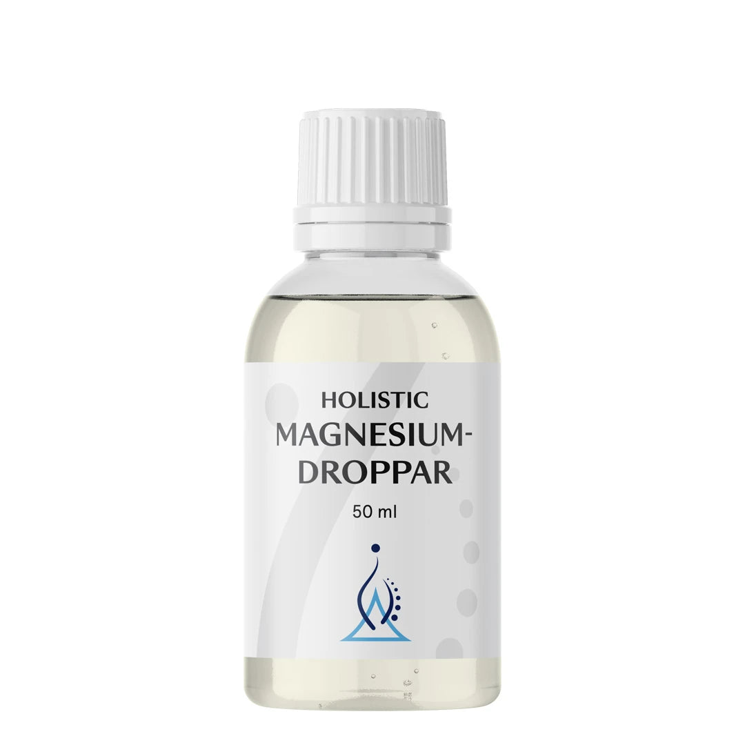 Holistic Magnesiumdroppar 50 ml, flytande magnesium i en genomskinlig flaska med vit etikett och vit skruvkork.
