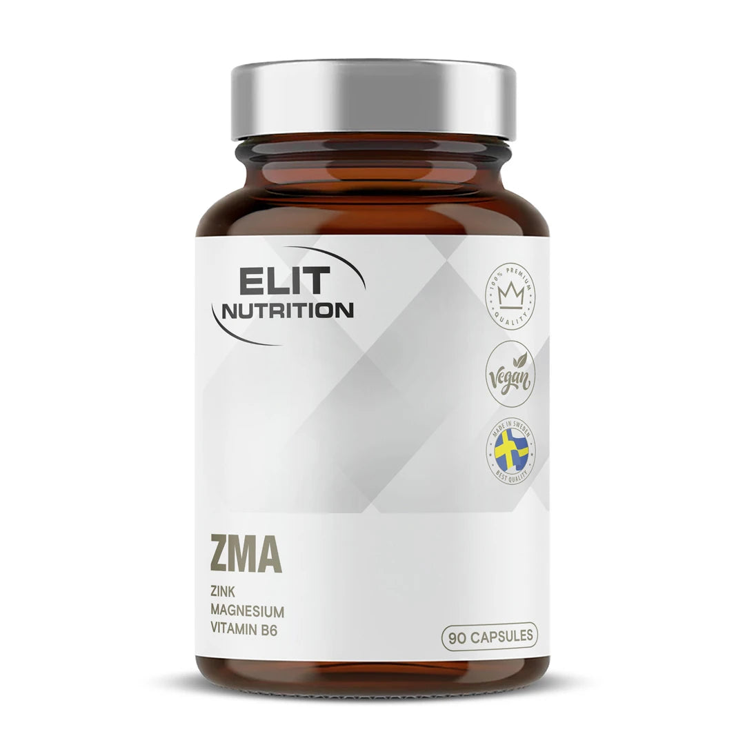 Elit Nutrition ZMA 90 caps i en brun burk med silverlock och vit etikett.
