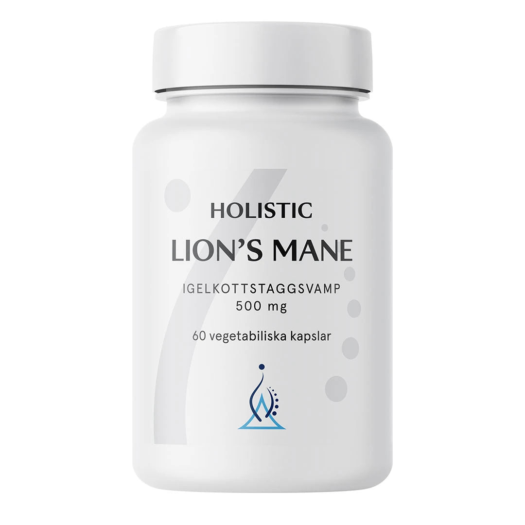 Holistic Lion's mane 60 caps i en vit burk med stilren etikett, ett veganskt kosttillskott för mentalt fokus.