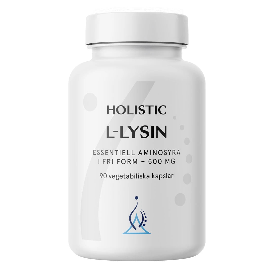 Holistic L-lysin 500 mg 90 caps i en stilren vit burk med blå logotyp och grå detaljer.