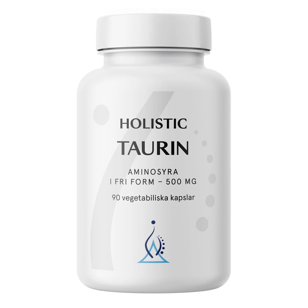 Holistic Taurin 500 mg 90 caps, ett veganskt kosttillskott förpackat i en vit burk med grå och blå detaljer.