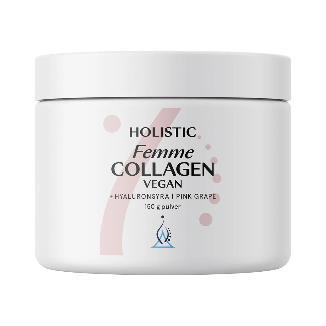 Holistic Femme Collagen vegan 150 g kollagenpulver i en vit burk med rosa detaljer och smak av Pink Grape.