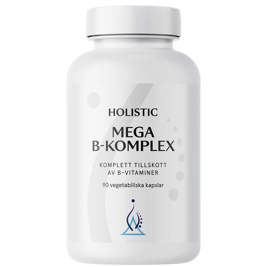 Holistic Mega B-komplex 90 caps B-vitamintillskott i en vit burk med ljusgrå detaljer.
