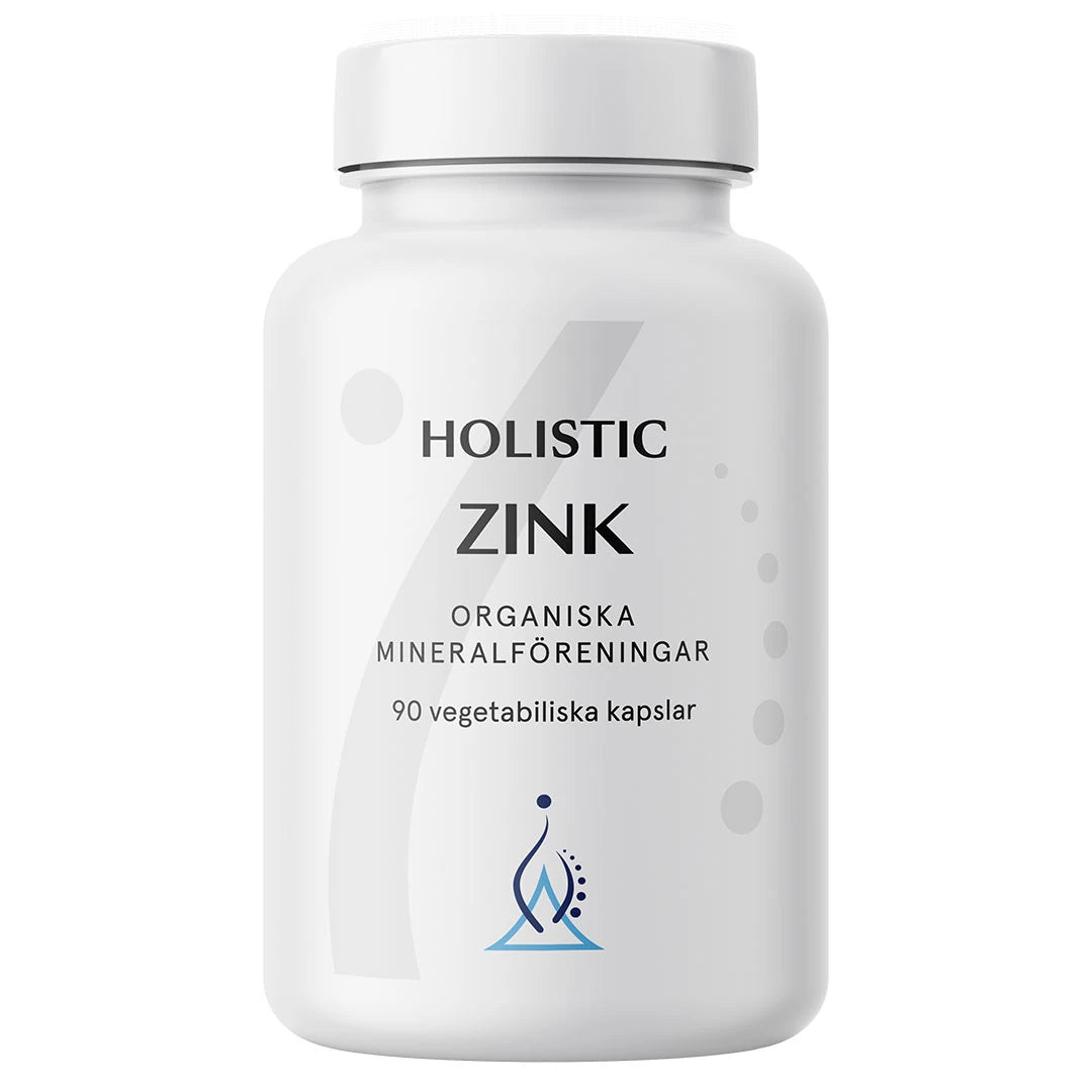 Holistic Zink 25 mg 90 caps zinktillskott förpackad i en stilren vit burk.