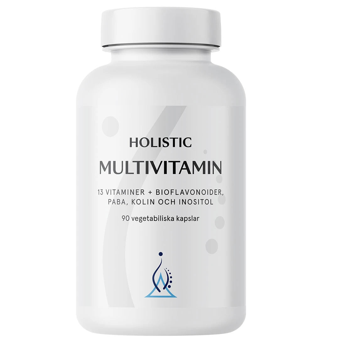 Holistic Multivitamin 90 caps i en vit burk med stilren etikett, innehållande 13 vitaminer och bioflavonoider.