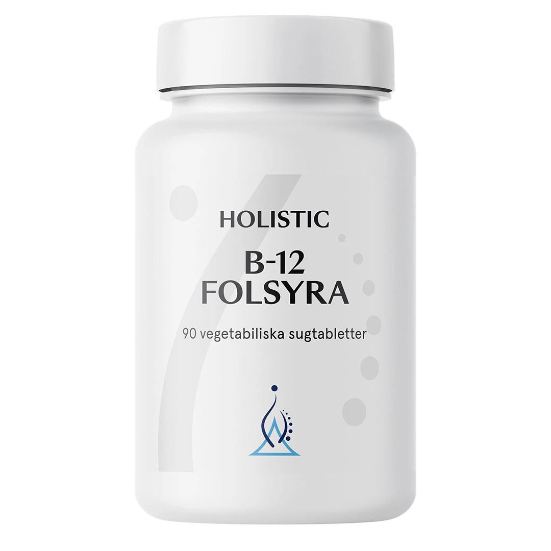 Holistic B-12 Folsyra 90 tabs i en vit plastburk med stilren etikett, ett kosttillskott för energi och nervsystem.