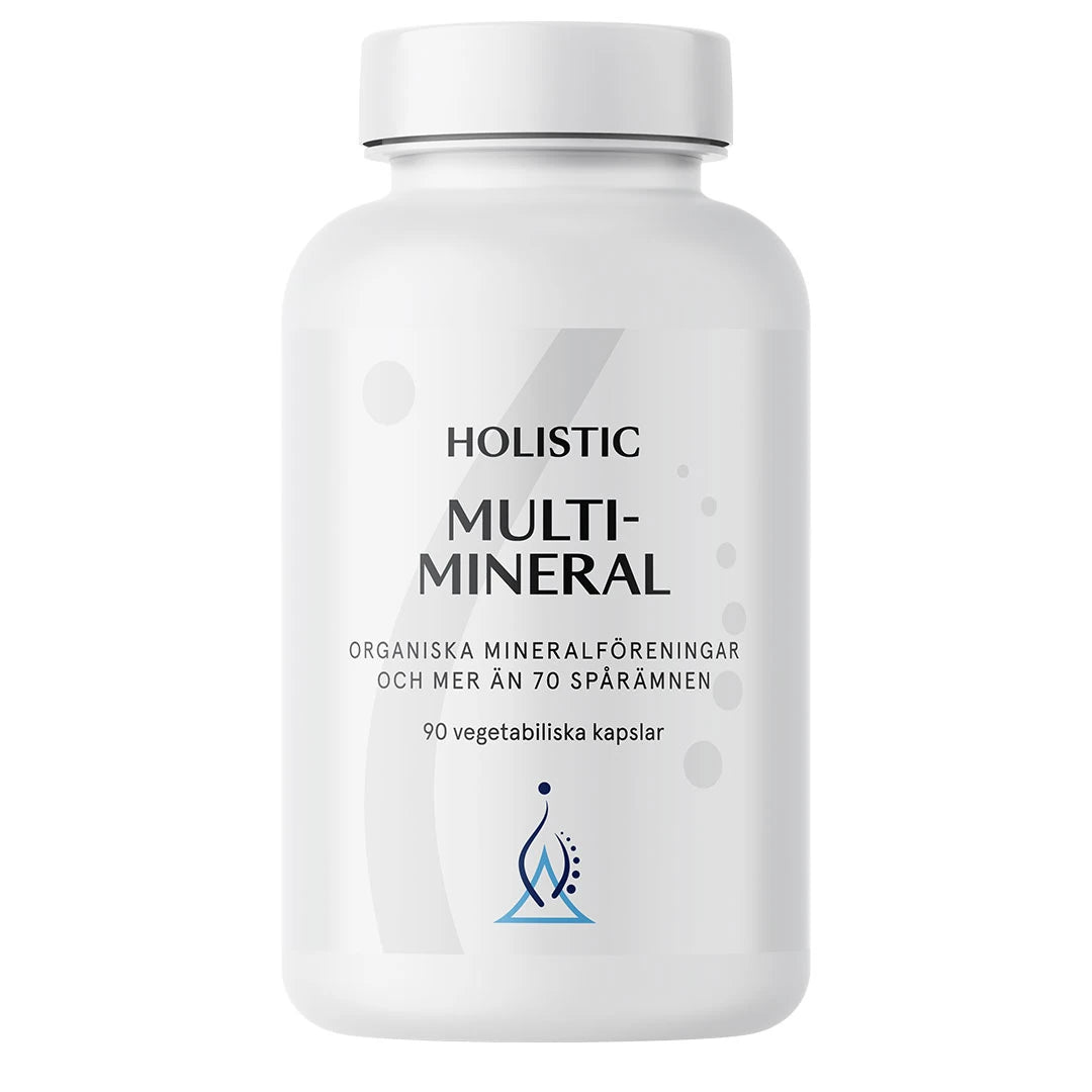 Holistic Multimineral 90 caps mineraltillskott i en stilren vit burk med vitt lock.