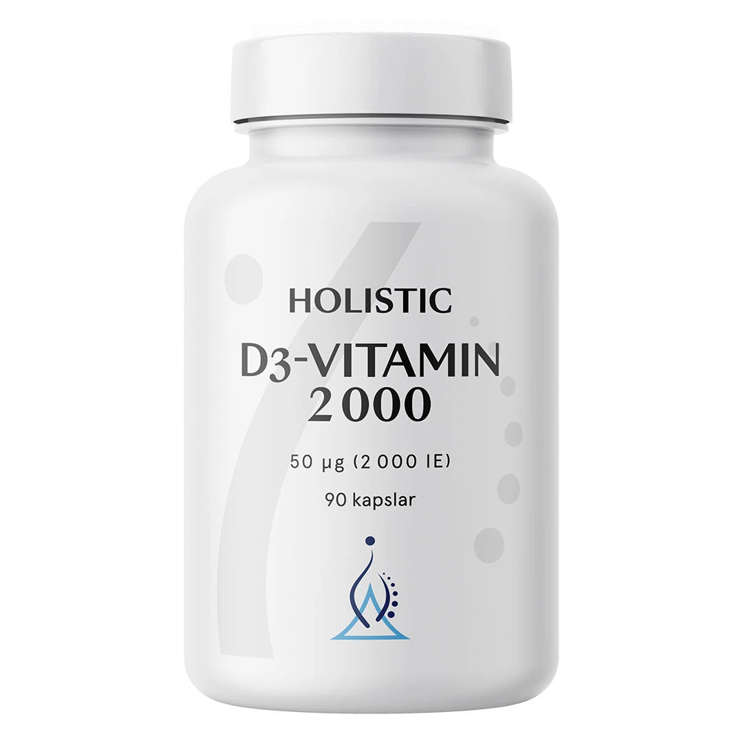 Holistic D3-vitamin 2000 90 caps kosttillskott förpackad i en vit plastburk med stilren svart text.
