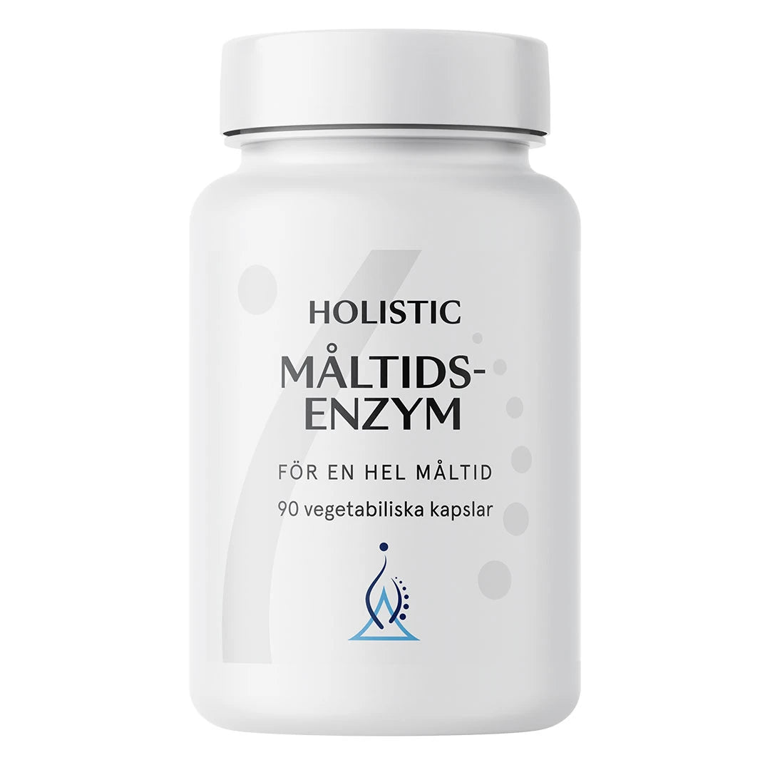 Holistic Måltidsenzym 90 caps matsmältningsenzymer i en vit burk med blå logotyp.