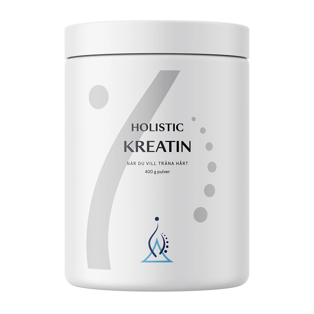 Holistic Kreatin 400 g kreatinpulver, förpackad i en stilren vit burk med grå grafiska detaljer.