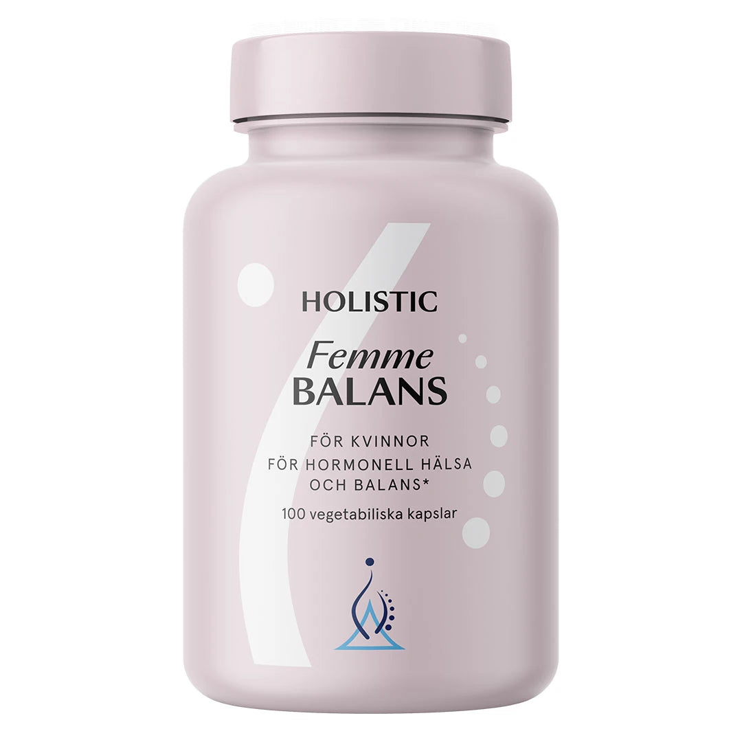 Holistic Femme Balans 100 caps, ett kosttillskott förpackat i en ljusrosa plastburk.