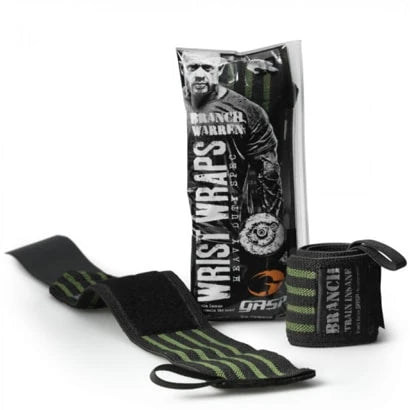 GASP Branch Warren Heavy Duty Wrist Wraps i svart med gröna ränder, slitstarka handledsskydd visas med sin förpackning.