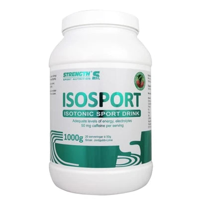 Strength Isosport 1 kg sportdryckspulver i en vit plastburk med grön text och detaljer, för extra energi under träning.