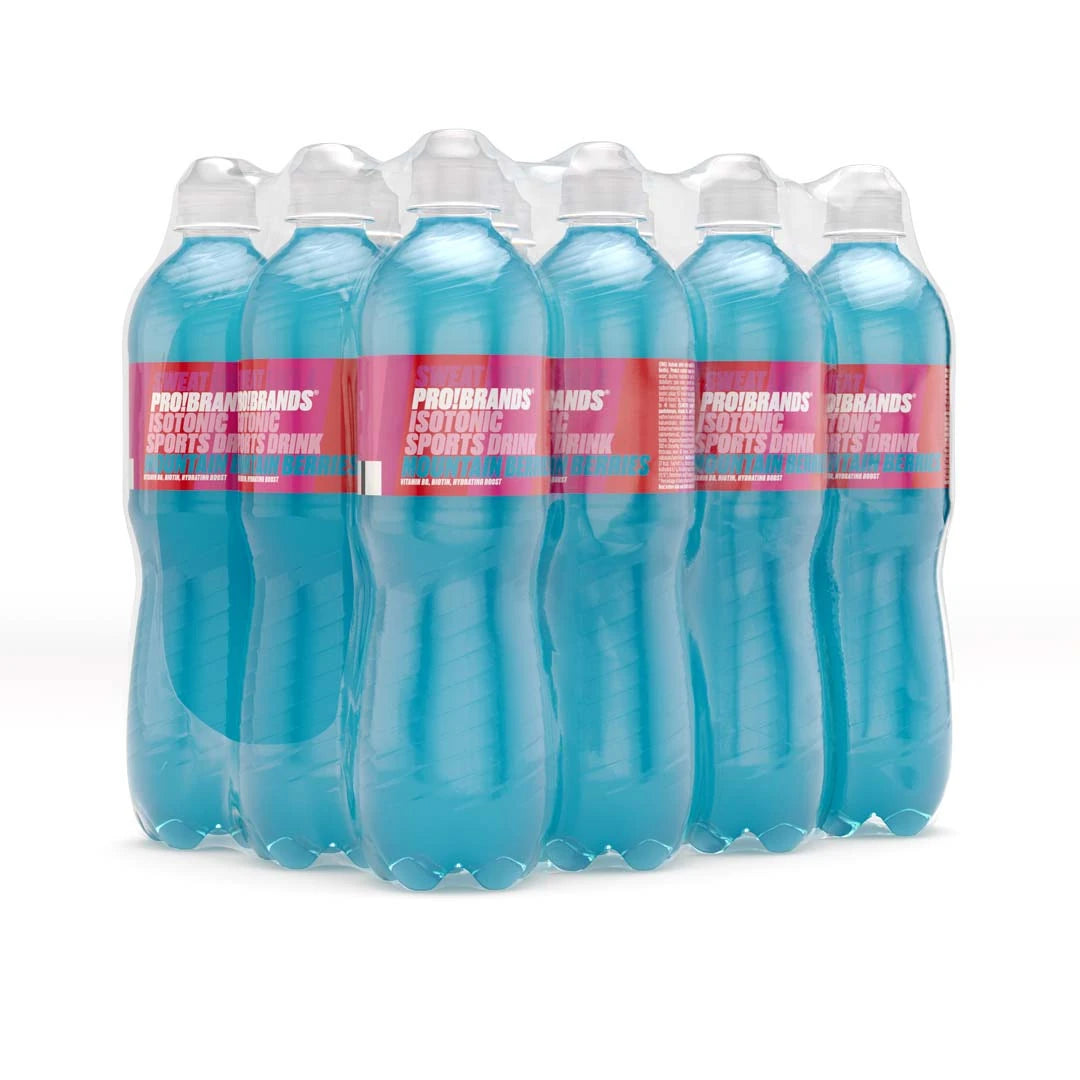 12 x Pro Brands ISOtonic Sports Drink 500 ml i ett flerpack med plastflaskor fyllda med blå dryck och rosa etiketter., bild 1 av 1
