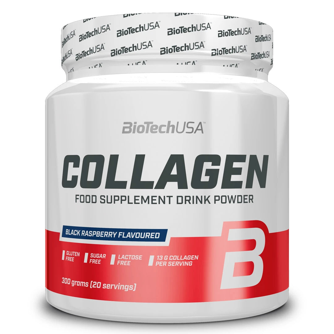 BioTechUSA Collagen 300 g kollagenpulver i en vit burk med röda detaljer och smaken Black Raspberry.