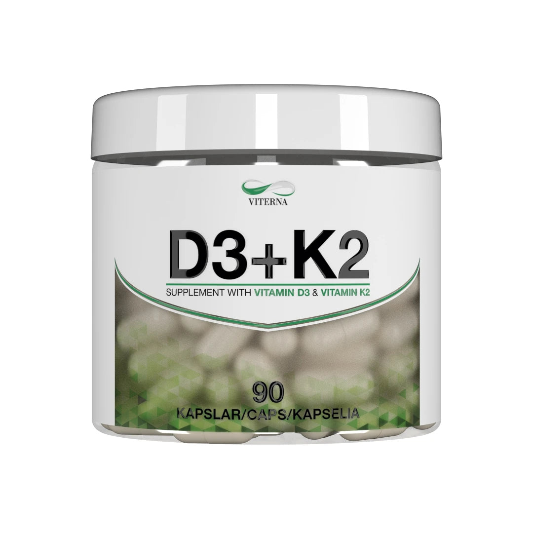 Viterna Vitamin D3 + K2 90 caps i en vit burk med gröna detaljer och synliga kapslar på etiketten.