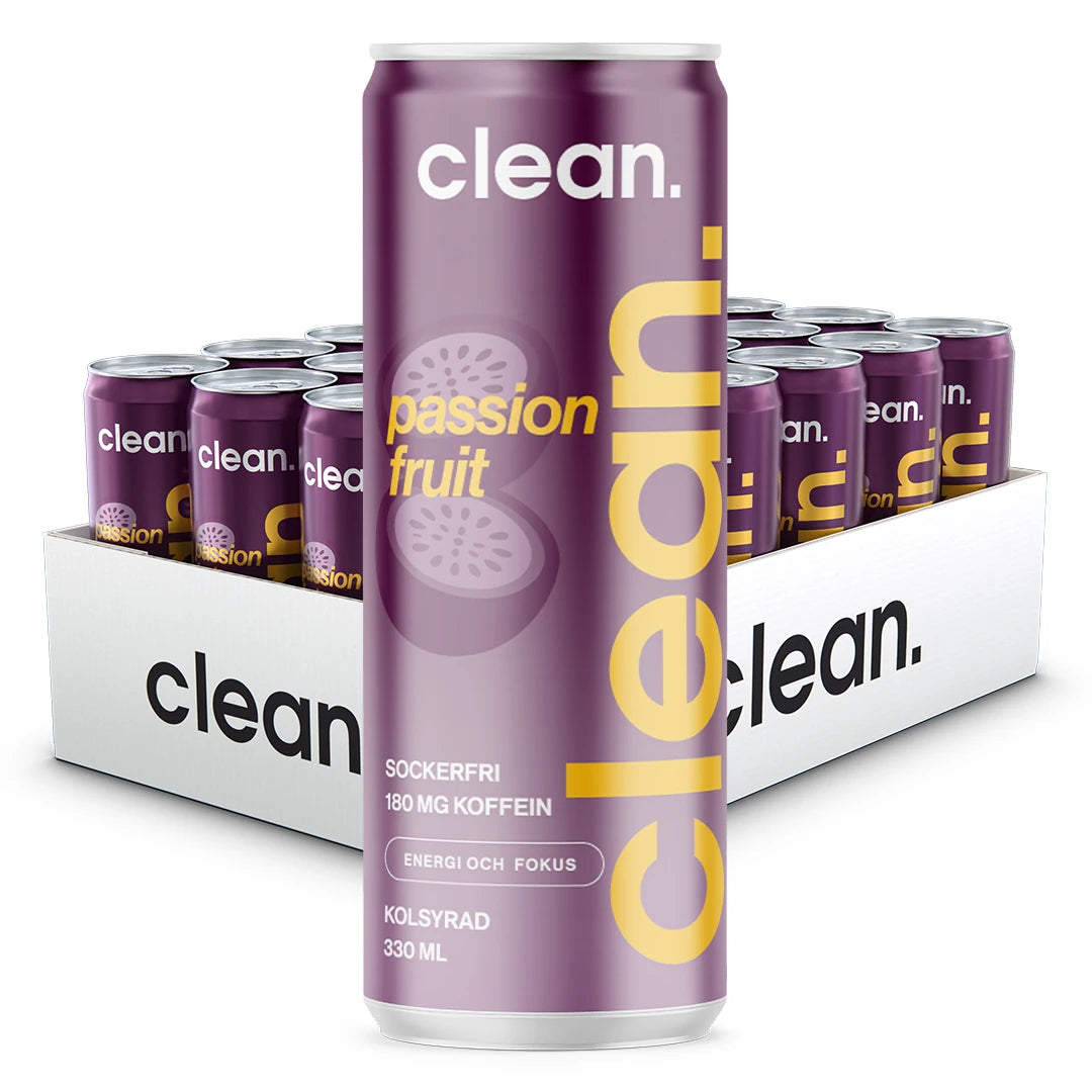24 x Clean Drink 330 ml Passion i ett vitt flak med lila burkar och gul text för smaken passion fruit.