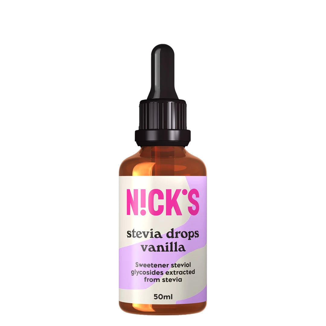 Nicks Stevia Drops Vanilla 50 ml i en brun glasflaska med svart pipett och en ljuslila etikett.