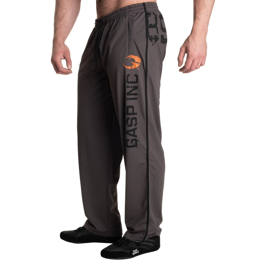 Gasp No 89 Mesh Pants Grey, gråa träningsbyxor i mesh med svart sidorand och stor GASP-logga, visade i profil., bild 2 av 5