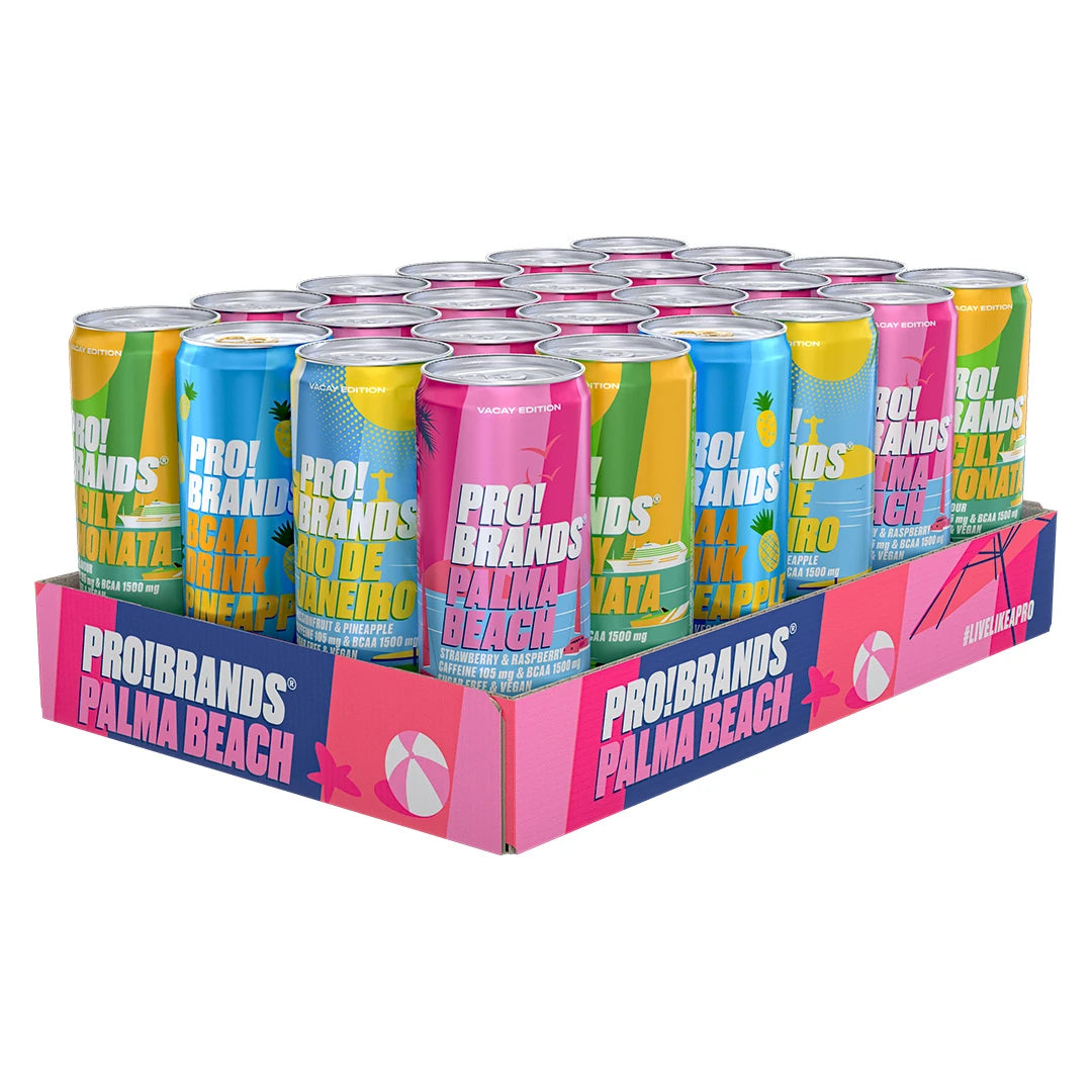 24 x Pro Brands Functional Drink Mixflak 330 ml i ett rosa flak fyllt med färgglada burkar av olika smaker.