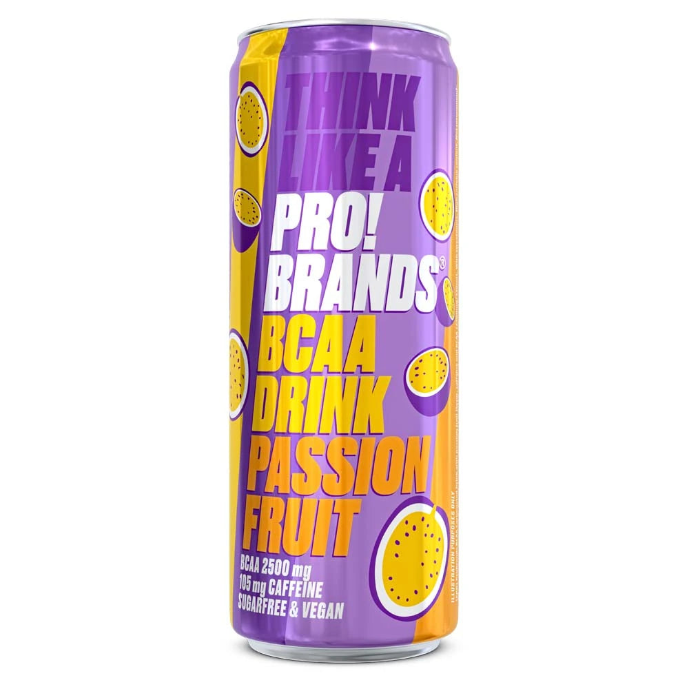 Pro Brands Drink 330 ml i en lila och gul burk med passionsfrukter för smaken Passionfruit.
