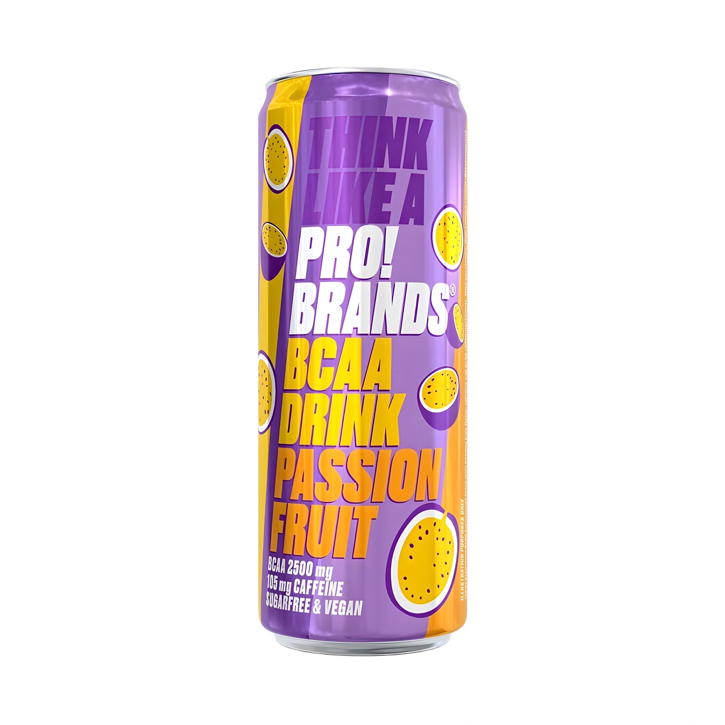 Pro Brands Drink 330 ml i en lila och gul burk med passionsfrukter för smaken Passionfruit., bild 1 av 5