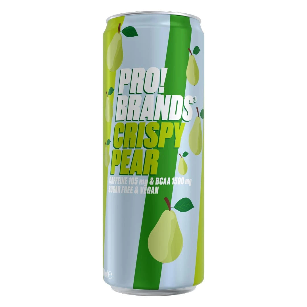 Pro Brands Drink 330 ml i en ljusblå och grön burk med päronmotiv för smaken Crispy Pear.