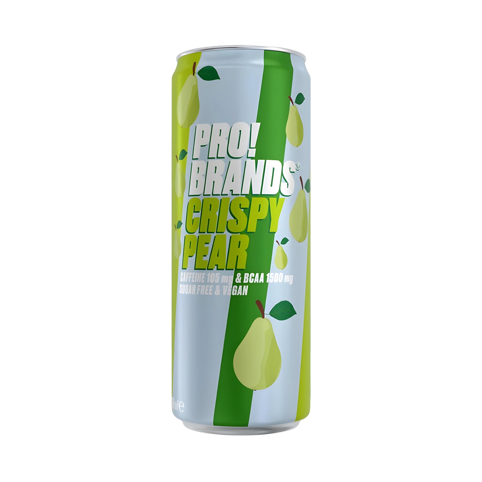 Pro Brands Drink 330 ml i en ljusblå och grön burk med päronmotiv för smaken Crispy Pear., bild 2 av 5