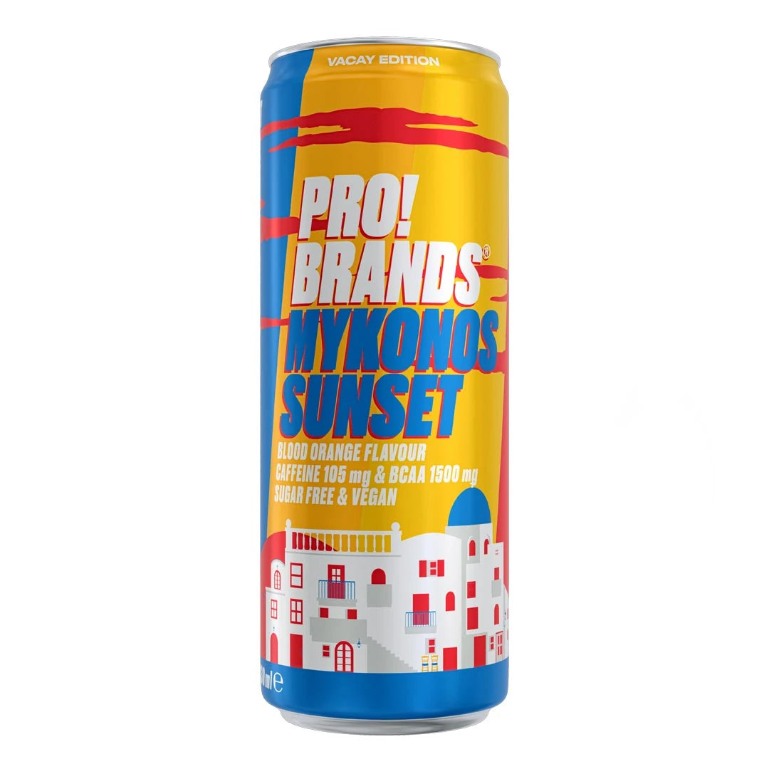 Pro Brands Drink 330 ml energidryck i en gul och blå burk med smaken Mykonos Sunset Blood Orange.