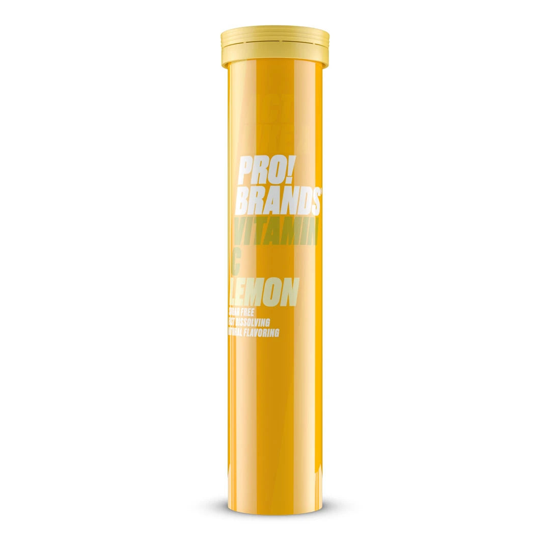 Pro Brands C-vitamin Brus förpackad i ett gult rör med vit text och smaken Lemon.
