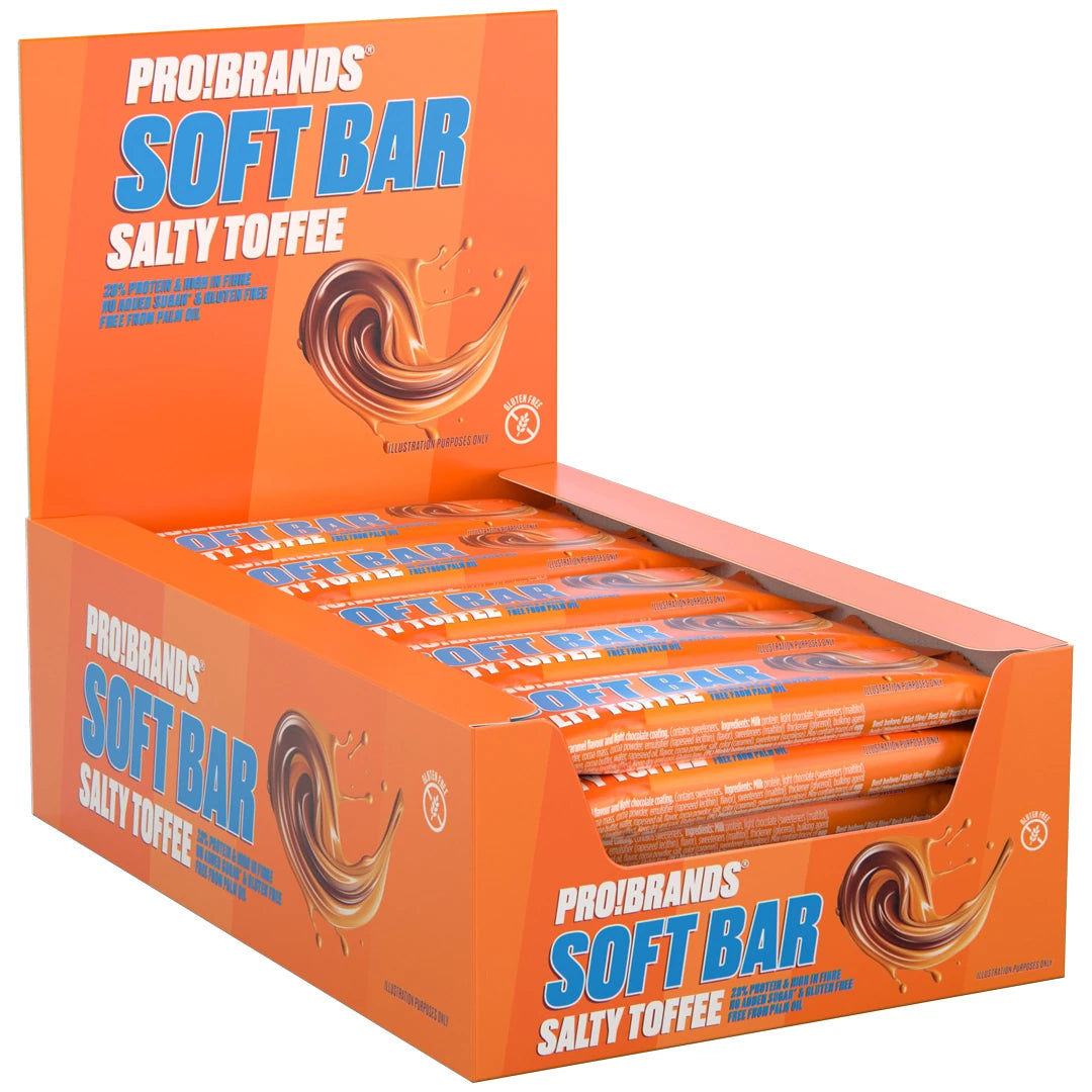 15 x Pro Brands Softbar 40 g Salty Toffee i en orange displaylåda fylld med matchande proteinbars.