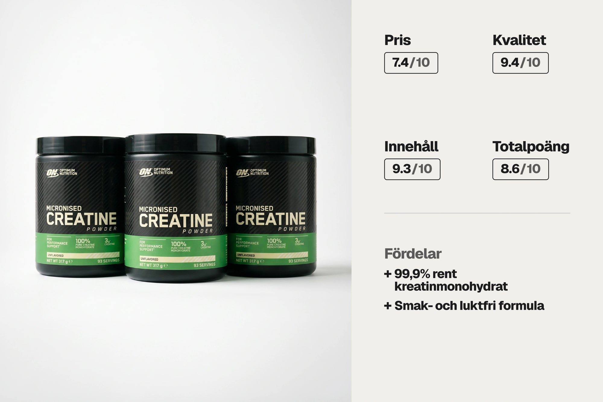 Fjärde plats i testet! Optimum Nutrition Creatine Powder 317 g - Kreatin bäst i test 2026