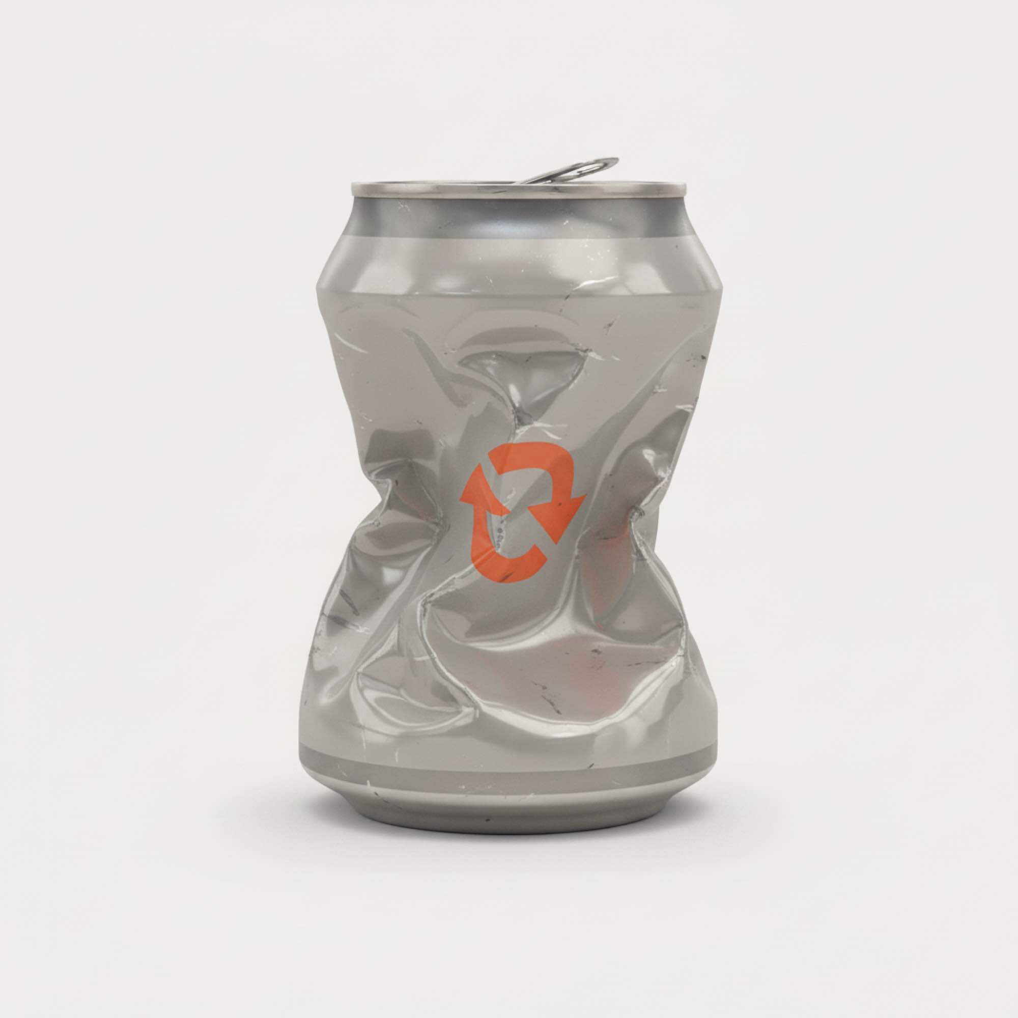 Tillknycklad silverfärgad aluminiumburk med orange retursymbol för Pant., bild 1 av 1